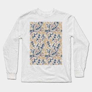 Botanicals and Dots - Hand Drawn Design - Navy Blue, Yellow, Brown, and Cream White Long Sleeve T-Shirt